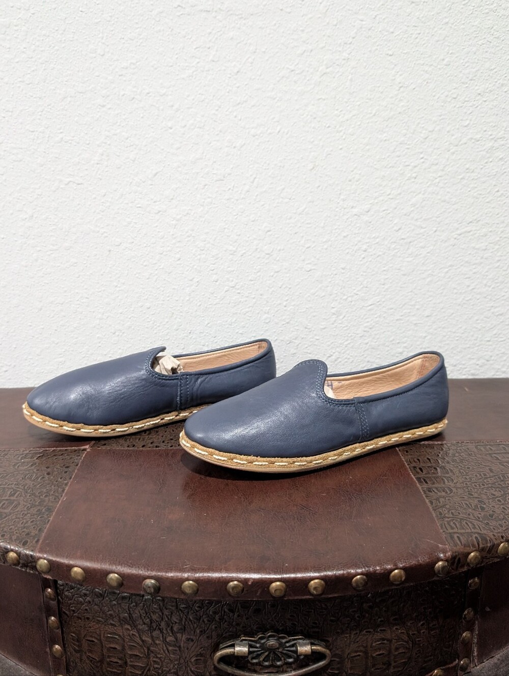 Sabah Blue Leather Slip-On Shoes Women’s Size 39 US 8-8.5 Handmade in Turkey